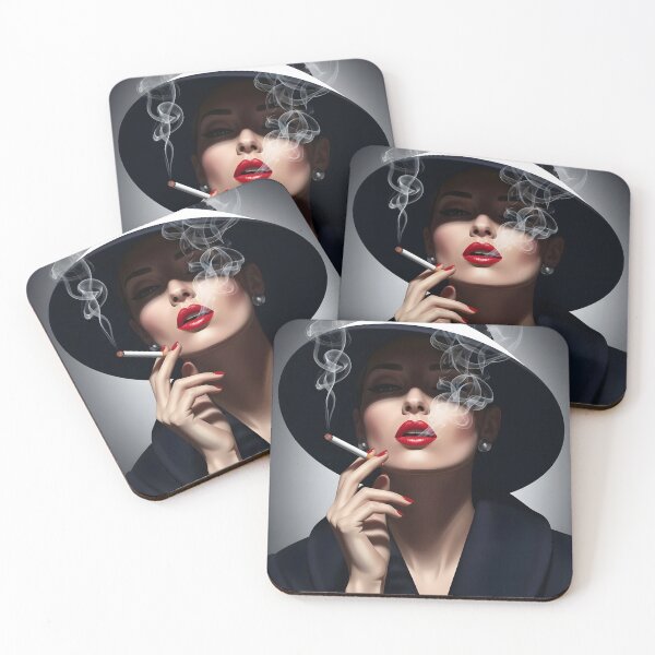Item preview, Smoking Elegant Noir Muse – Stylish Woman in Black White with Red Lips designed and sold by EmeraldeaArt.