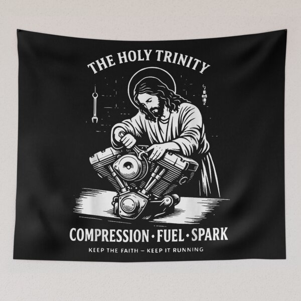 Item preview, The Holy Trinity Compression Fuel Spark Mechanic Jesus Garage Repair Humor Art designed and sold by LakenDraphil.