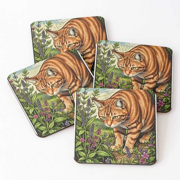 Item preview, A ginger cat inspecting a patch of garden herbs woodcut. designed and sold by Ponted.