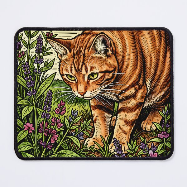 Item preview, A ginger cat inspecting a patch of garden herbs woodcut. designed and sold by Ponted.