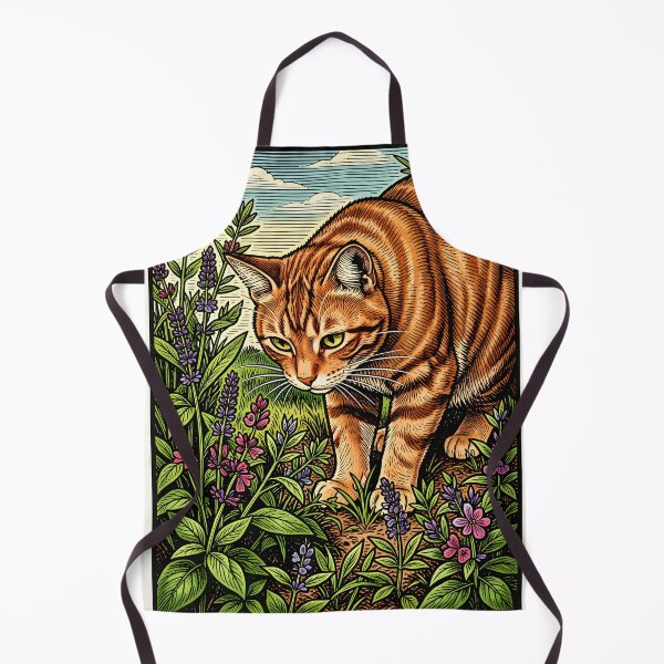 Item preview, A ginger cat inspecting a patch of garden herbs woodcut. designed and sold by Ponted.