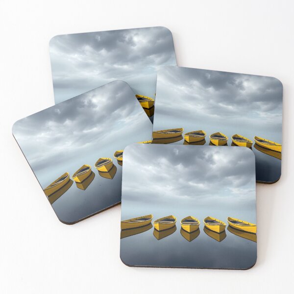 Item preview, Five Yellow Boats on Calm Water - Minimalist Reflection Landscape designed and sold by Peter Kraaibeek | Generative Designs and Car Art.