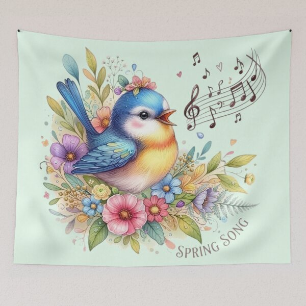 Item preview, Singing Blue Bird with Flowers – Spring Melody Art designed and sold by Good Vibes .