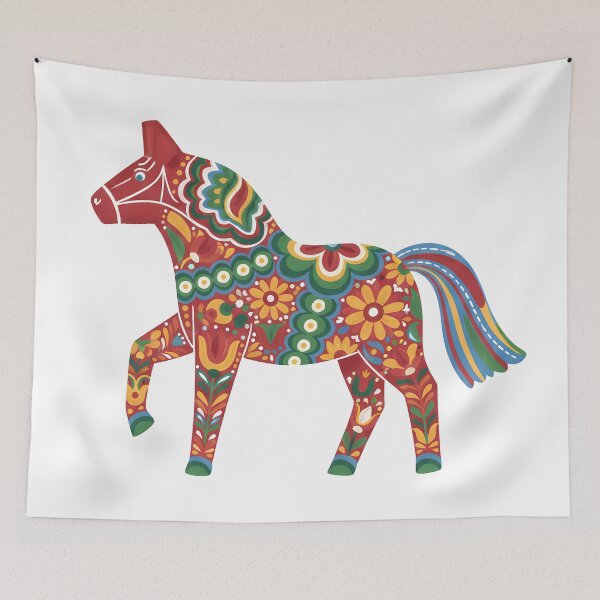 Item preview, Red Dala Horse with Rainbow Tail – Scandinavian Folk Art Fusion by heidiannemorris © designed and sold by FOLK ART FUSION by heidiannemorris.