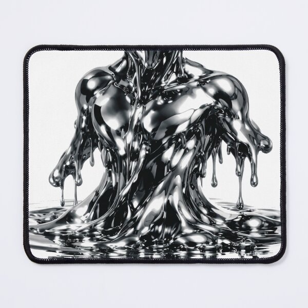 Item preview, A reflective liquid chrome humanoid melting into a puddle of metallic fluid, blending sculpture and sci‑fi aesthetics. Moody, surreal and futuristic imagery conveying transformation, designed and sold by Dejbar.