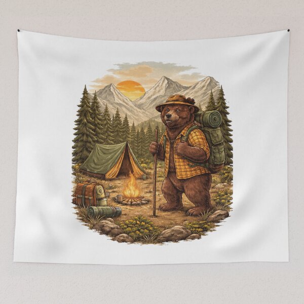 Item preview, Vintage Adventure Bear Camping Illustration designed and sold by DAXIFY.
