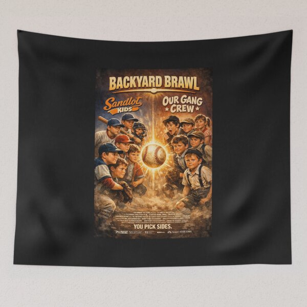Item preview, Backyard Brawl: Sandlot Kids vs Our Gang Crew Poster Vintage Baseball Movie Parody Tee designed and sold by GhostDawgs.