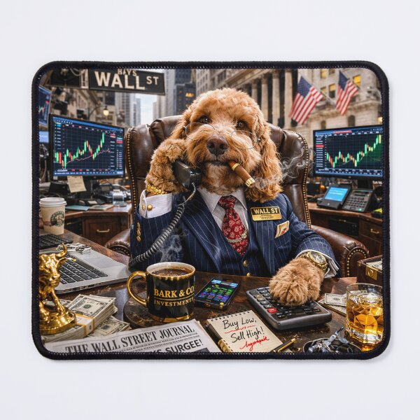 Artikelvorschau, Cockapoo Wall Street Präsident an einem Handelstisch entworfen und verkauft von Paul Thompson Photography.