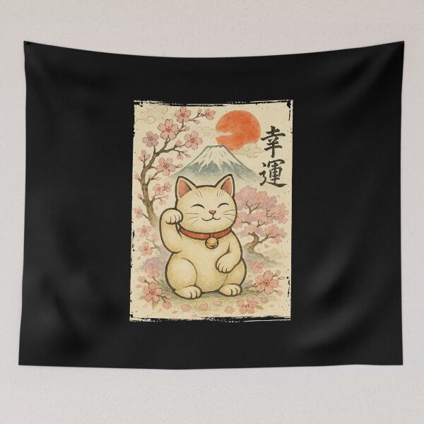 Item preview, Maneki Neko Lucky Cat Japanese Cherry Blossom Vintage Style designed and sold by titanlevi.