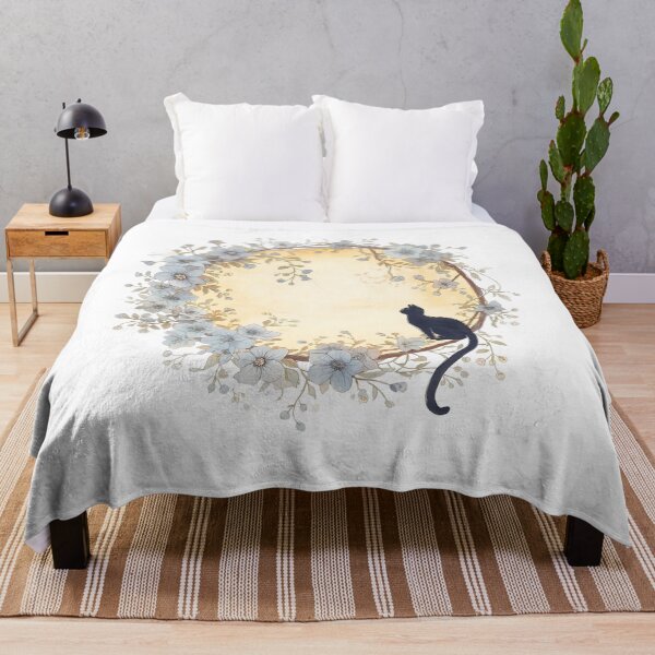 Item preview, Black cat full moon and blue flowers. designed and sold by uunaa.