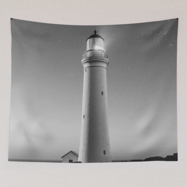 Item preview, Milky Way, stars, and lighthouse black and white photograph poster art print designed and sold by Astrid Arkhangelsky.