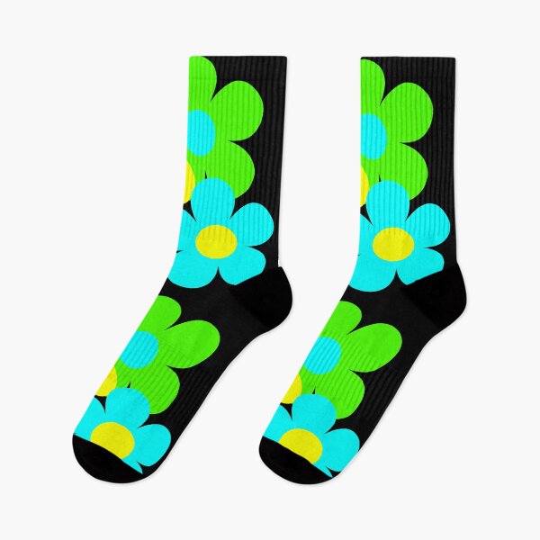 Artikelvorschau, Flower-Power-Pop-Blumen der 60er Jahre in Blau, Grün und Gelb auf schwarzem Hintergrund entworfen und verkauft von MellowCat.