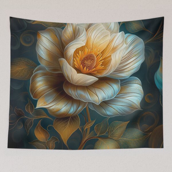 Item preview, Elegant Golden and White Floral Bloom on Dark Background designed and sold by MargaretWiktor.