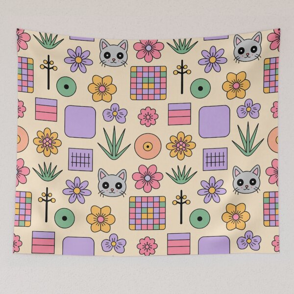 Item preview, Cute Kawaii Cats Checkerboard Flowers Plants Seamless Pattern - Pastel Retro Repeat designed and sold by Midnight Veil Designs.