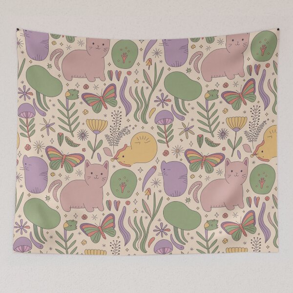 Item preview, Cute Kawaii Cats Butterflies Mushrooms Pastel Seamless Pattern - Whimsical Cozy Repeat designed and sold by Midnight Veil Designs.