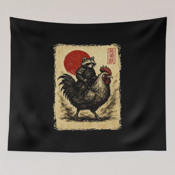 Item preview, Raccoon Riding Rooster Japanese Vintage Style Illustration designed and sold by titanlevi.