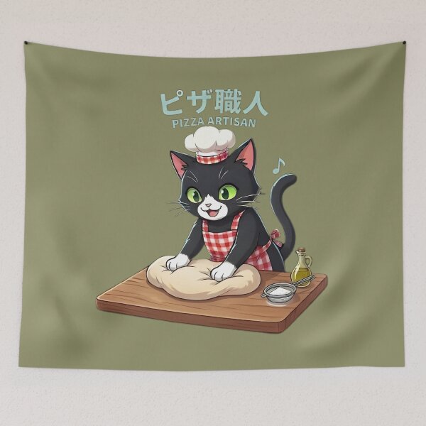 Item preview, Kawaii Black Cat Chef Kneading Pizza Dough Retro Anime Style designed and sold by WalterAdd.