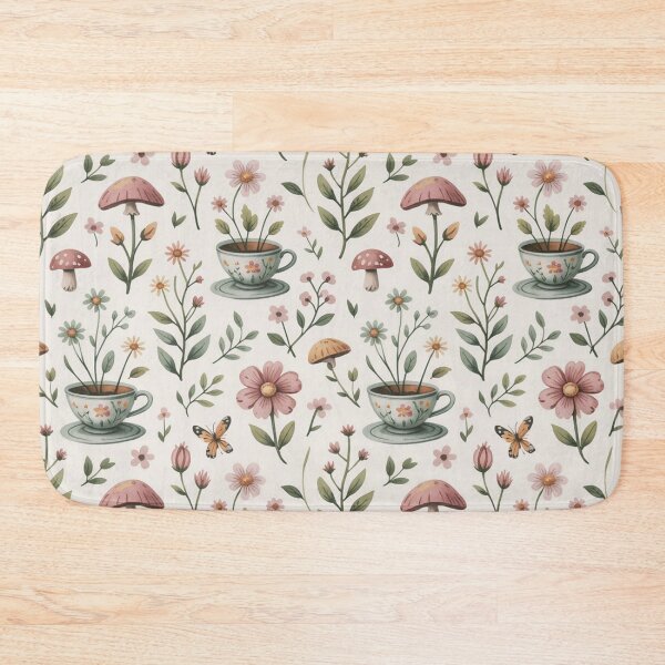 Item preview, Whimsical Mushroom Teacup Floral Pattern Cottagecore Seamless Design designed and sold by Midnight Veil Designs.