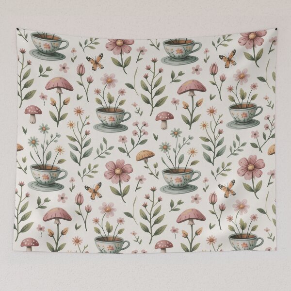 Item preview, Whimsical Mushroom Teacup Floral Pattern Cottagecore Seamless Design designed and sold by Midnight Veil Designs.
