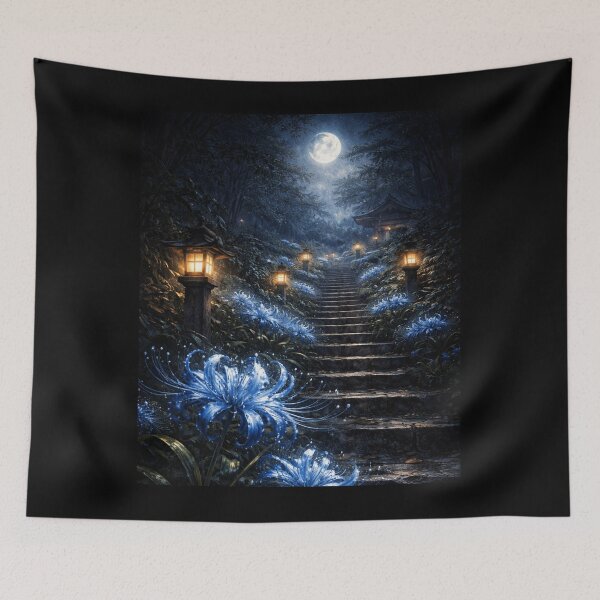 Item preview, Moonlit Path to the Shrine – Blue Spider Lily Fantasy Night Art designed and sold by simpleyetcanva.