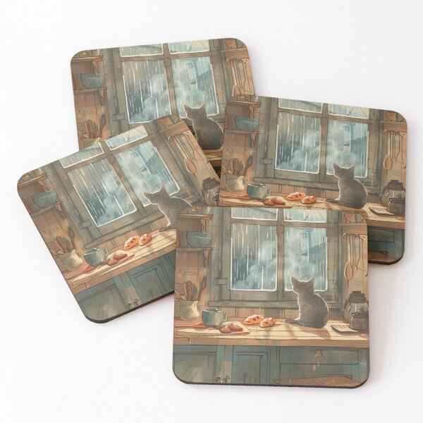 Item preview, Rainy Window Morning – Cozy Cat Kitchen Scene designed and sold by JLCableStudio.