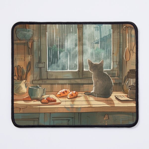 Item preview, Rainy Window Morning – Cozy Cat Kitchen Scene designed and sold by JLCableStudio.