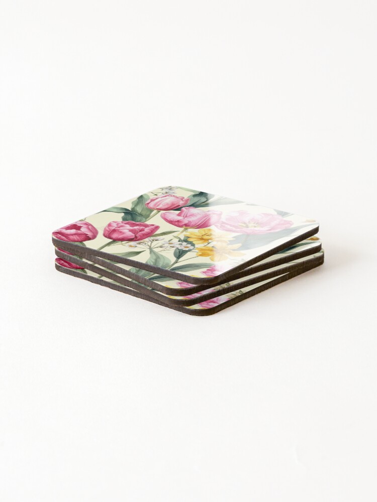 Thumbnail 4 of 5, Coasters (Set of 4), Pink Tulip Floral Pattern Soft Spring designed and sold by Rutvain.
