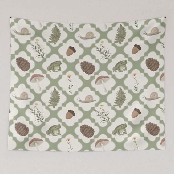 Item preview, Vintage Cottagecore Woodland Toad and Fern Pattern Quatrefoil designed and sold by Seamlessly Buffalo.