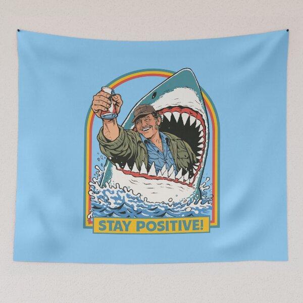 Item preview, Stay Positive - Quint in Shark crushing beer can designed and sold by keytee.