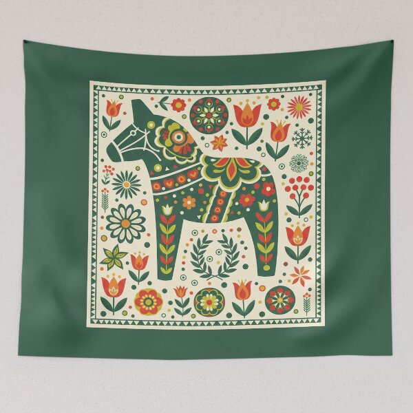 Item preview, Caballo Dala verde oscuro – Fusión de arte popular escandinavo por heidiannemorris © designed and sold by FOLK ART FUSION by heidiannemorris.