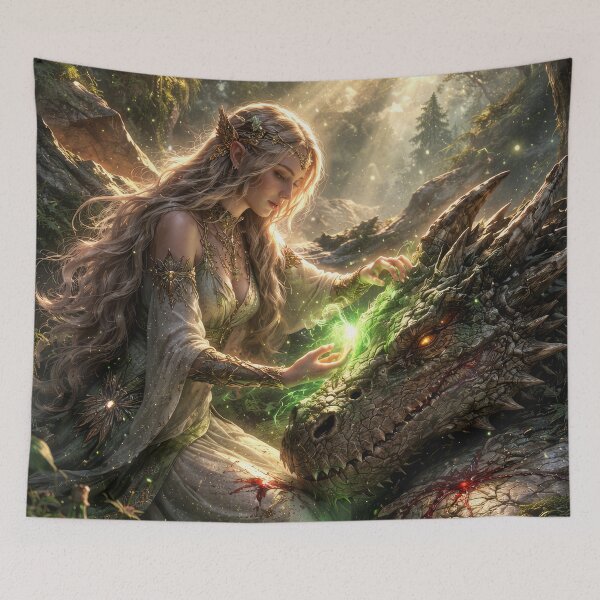 Item preview, Elf Healing Dragon – Magical Forest Fantasy Healer and Dragon Artwork designed and sold by DrakariArt.