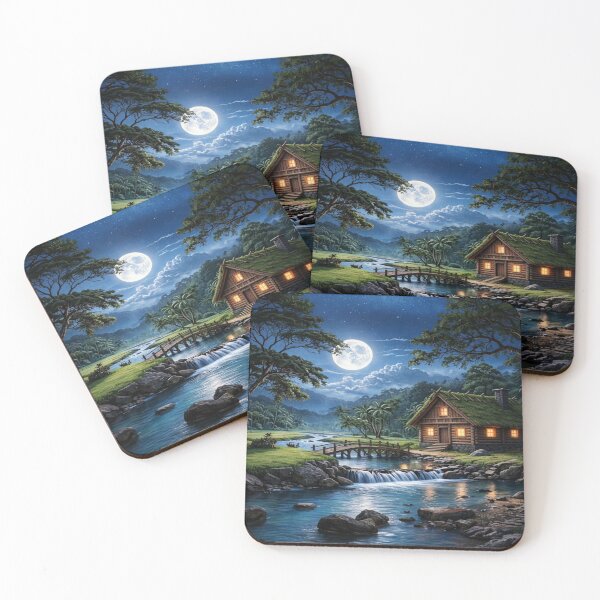 Item preview,  Moonlight Cabin River Waterfall | Dreamy Night Landscape designed and sold by Rawafi Art Studio.