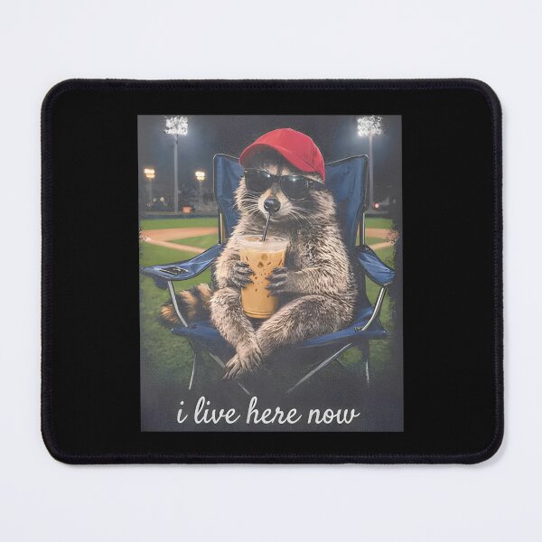 Item preview, Comfort Colors® Raccoon I live Here Now, Raccoon Drinking Iced Coffee, Ballfield Dark, Baseball field, Baseball Mama Tee designed and sold by NonBuyingData.