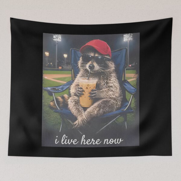 Item preview, Comfort Colors® Raccoon I live Here Now, Raccoon Drinking Iced Coffee, Ballfield Dark, Baseball field, Baseball Mama Tee designed and sold by NonBuyingData.