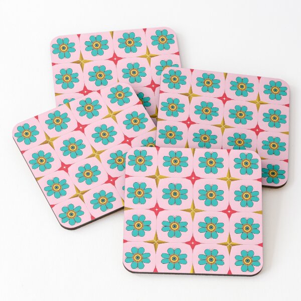 Artikelvorschau, Retro-Tragetasche mit türkisfarbenem Blumenmuster im Fliesen-Look – inspiriert vom geometrischen Blumenmuster der 70er Jahre entworfen und verkauft von FestivityFinds.