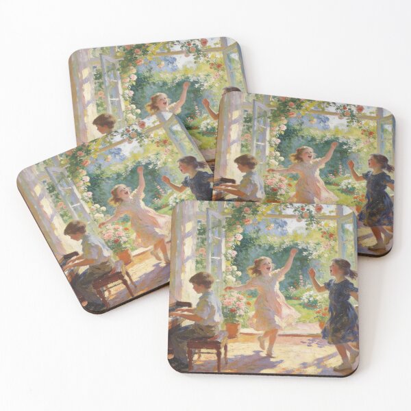 Item preview, Dreamy Interior Garden Artwork, Children Dancing, Singing & Playing Piano with Roses & Music Scene designed and sold by BlareBlare.