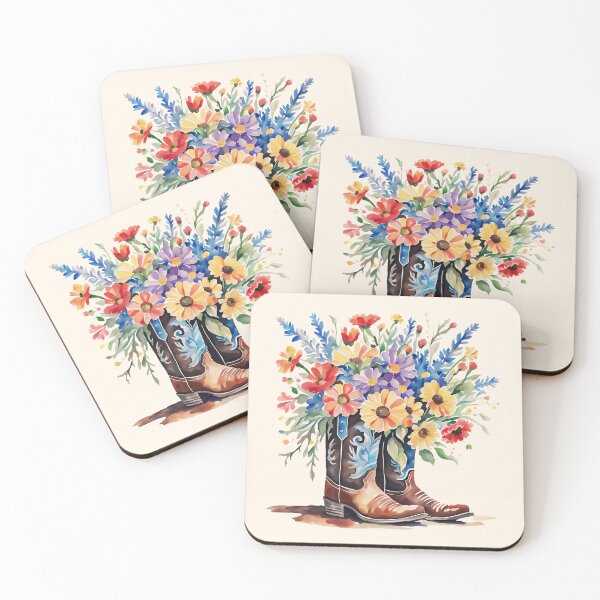 Artikelvorschau, Cowboystiefel Texas mit Blumen, Stiefel mit Blumenmotiv in Aquarell entworfen und verkauft von Clara Fruggeri.