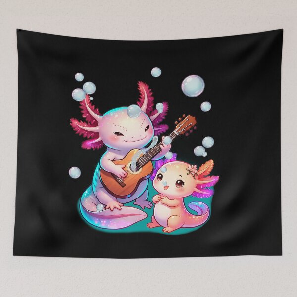 Item preview, Cute axolotl with guitar – Glowing cartoon duo underwater designed and sold by Herzbaumatelier.