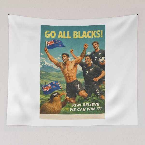 Artikelvorschau, Der neuseeländische Fußballgeist der All Whites in der Nähe des Mount Cook und der Südalpen entworfen und verkauft von Aryabek.