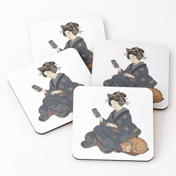 Item preview, Ukiyoe Lo-fi Girl - Cat Ears Headphones & Sleeping Ginger Cat designed and sold by LuckyCatClubJP.