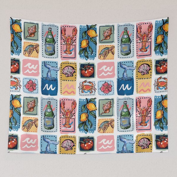 Item preview, Mediterranean Patchwork Seamless Pattern, Coastal Sea Life Tiles, Lemon Lobster Crab Shell Whale, Summer Nautical Fabric Print, Beach Tile Design La Dolce Vita designed and sold by FRH Design ⭐⭐⭐⭐⭐.