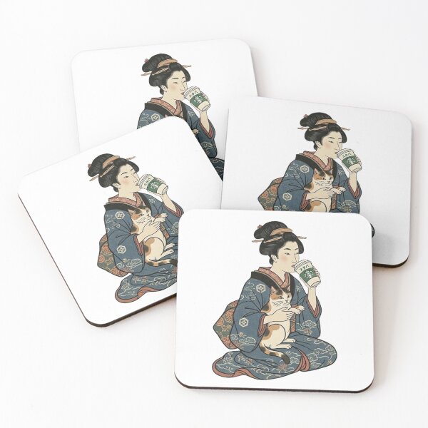 Item preview, Ukiyoe Coffee Break - Geisha with Calico Cat designed and sold by LuckyCatClubJP.