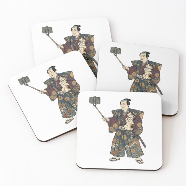 Item preview, Ukiyoe Samurai Selfie - Calico Cat & Selfie Stick designed and sold by LuckyCatClubJP.