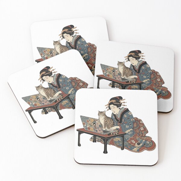 Item preview, Ukiyoe Remote Work - Geisha & Tabby Cat designed and sold by LuckyCatClubJP.