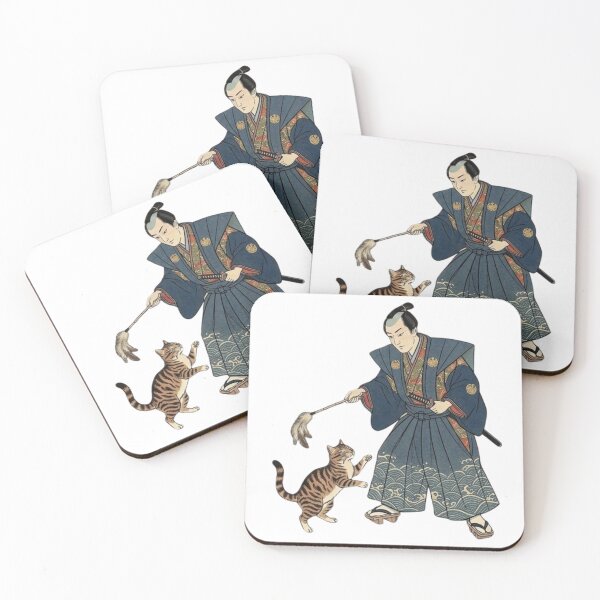 Item preview, Samurai Playing with Cat: Ukiyo-e Funny Warrior Art designed and sold by LuckyCatClubJP.