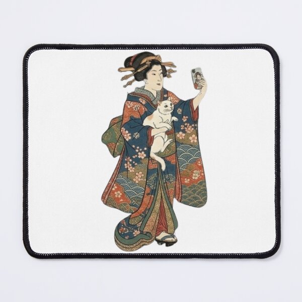 Item preview, Edo Selfie: Japanese Beauty with Smartphone and White Cat designed and sold by LuckyCatClubJP.