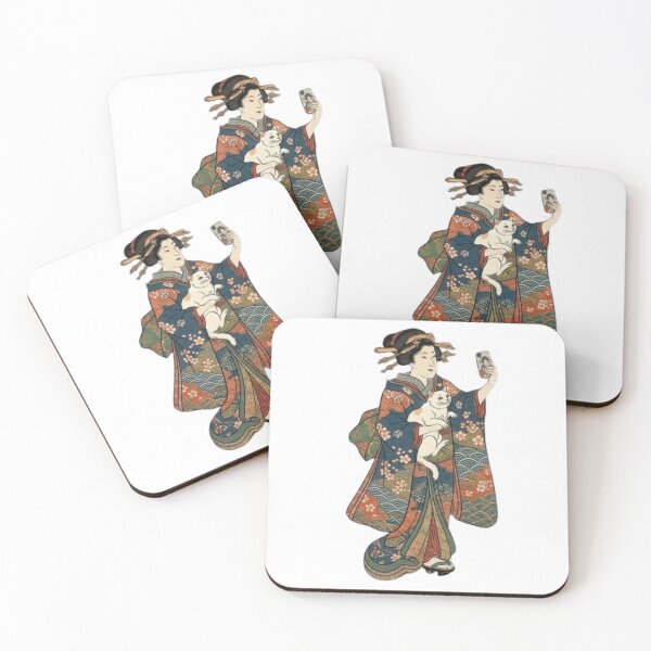 Item preview, Edo Selfie: Japanese Beauty with Smartphone and White Cat designed and sold by LuckyCatClubJP.