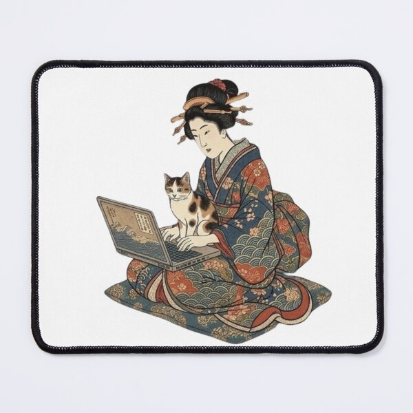 Item preview, Modern Edo Life: Japanese Beauty with Laptop and Cat designed and sold by LuckyCatClubJP.