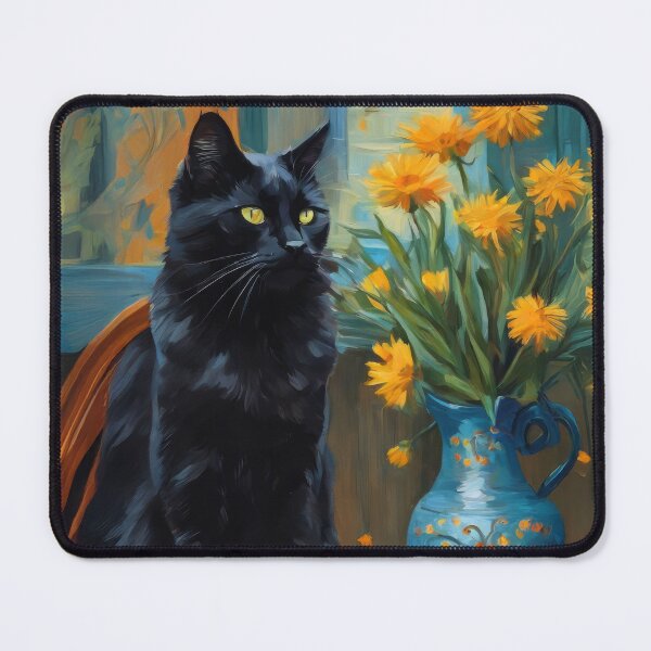 Artikelvorschau, Schwarze Katze mit gelben Blumen Gemütliche Interieur-Blumenillustration entworfen und verkauft von Erika Kaisersot.