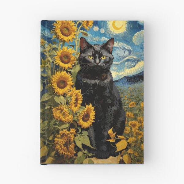 Artikelvorschau, Schwarze Katze mit Sonnenblumen – Künstlerische nächtliche Blumenillustration entworfen und verkauft von Erika Kaisersot.